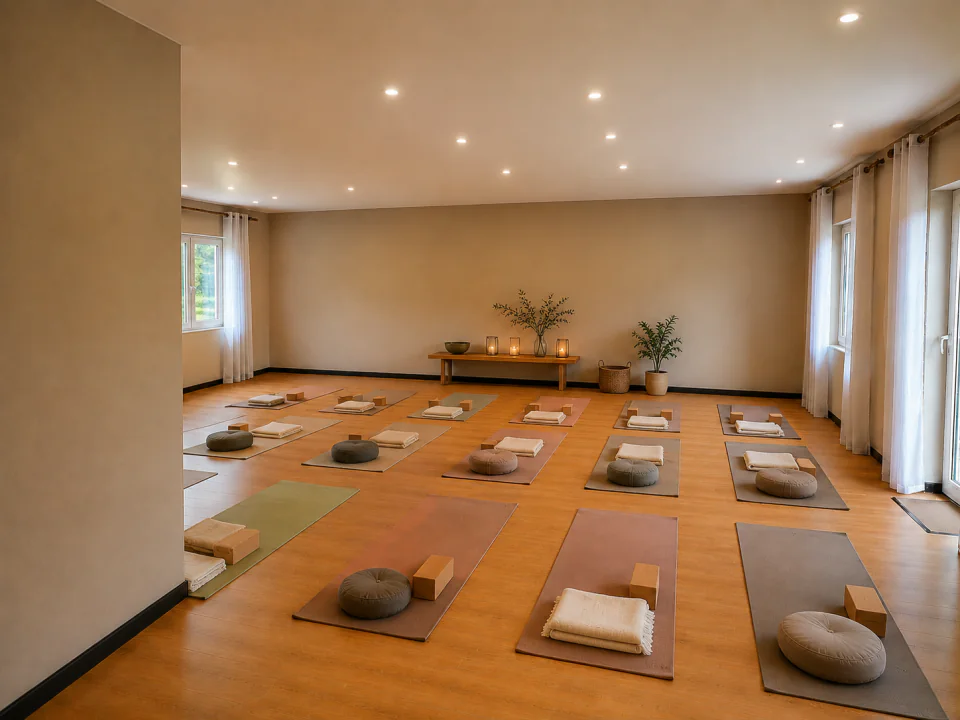 Dekorierter, lichtdurchfluteter Kursraum Eichenwacht mit Yogamatten, Meditationskissen, Decken und Blöcken