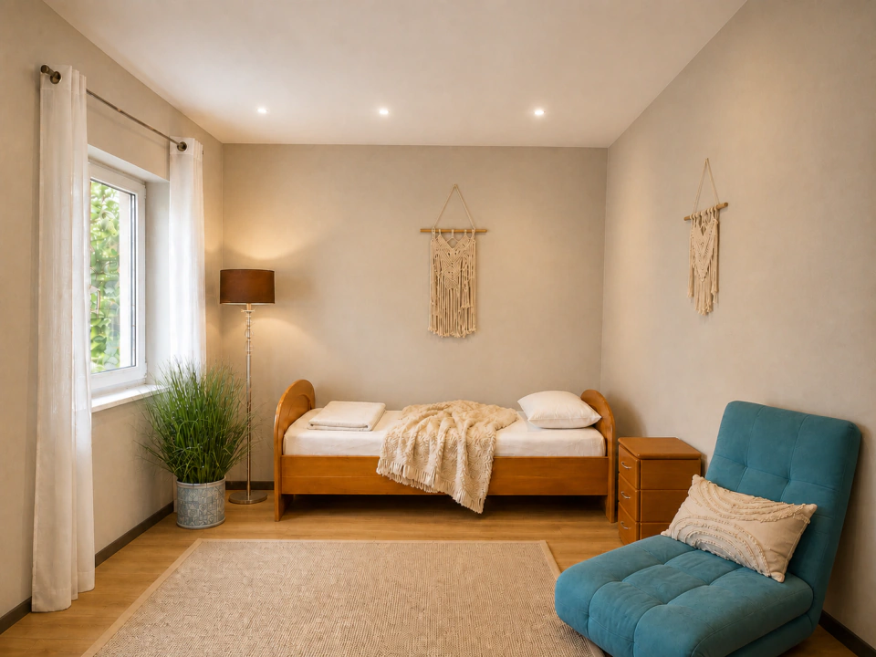 Helles Zimmer Erlenfluss mit Einzelbett, türkisfarbenem Sessel, Teppich und Pflanzen
